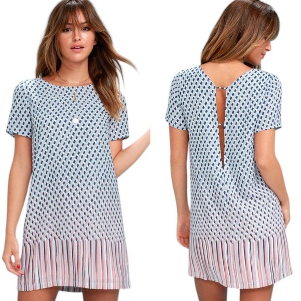 Lulu's Santa Monica Blue Print Short Sleeve Shift Mini Dress